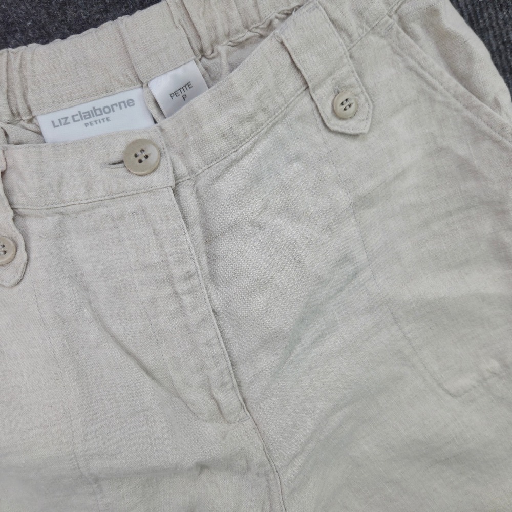 Liz Claiborne Petite Pants Women P Beige 100% Linen Relaxed Coastal Summer Solid
